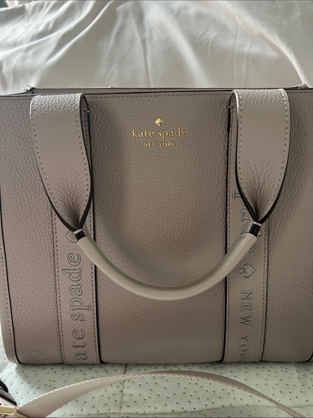kate spade New York taupe gray pebbled leather satchel